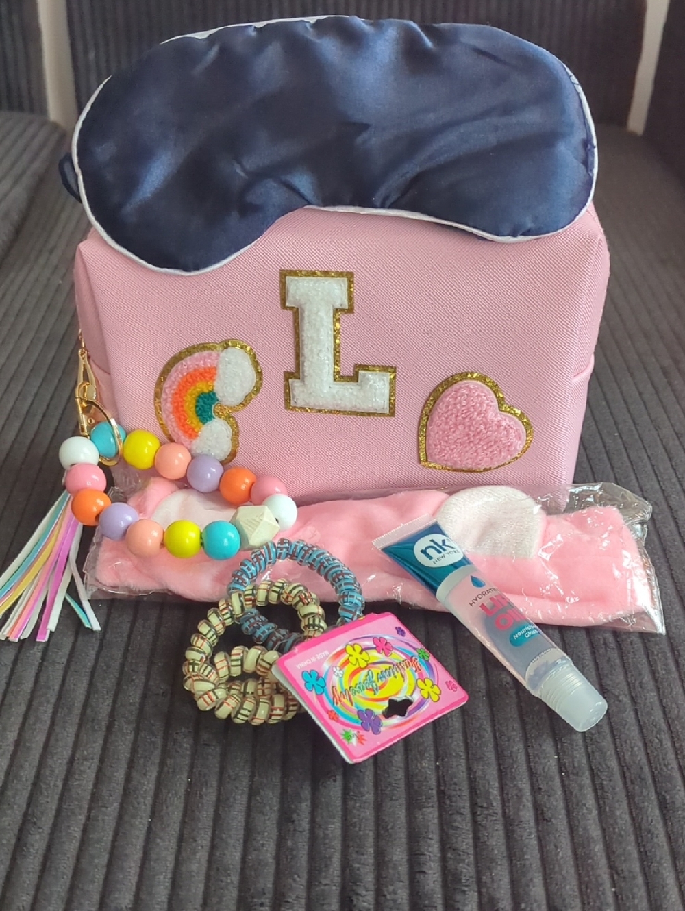 Kids Pink Accessory Gift Bag with Navy Sleep Mask and More